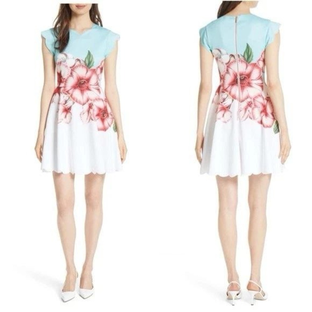 Ted Baker London Maevea Nectar Scallop Mini Dress Womens 12 Floral Skater Crisp - Picture 2 of 15